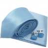Cravate slim bleu-ciel, pochette et boutons de manchette
