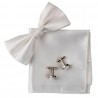 Noeud papillon noué blanc, pochette et boutons de manchette