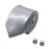 Cravate slim "argent" et boutons de manchette gris